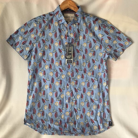 Sailboat Print Short-Sleeve Button-Up Shirt S/Blue - Picture 1 of 12